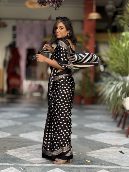 BLACK-WHITE MODAL SILK AJRAKH BLOCK PRINT SARI