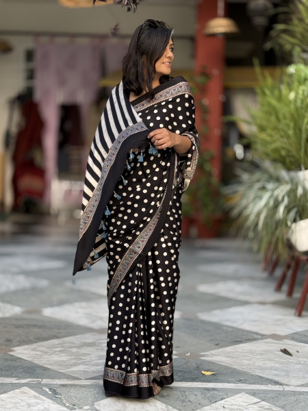 BLACK-WHITE MODAL SILK AJRAKH BLOCK PRINT SARI