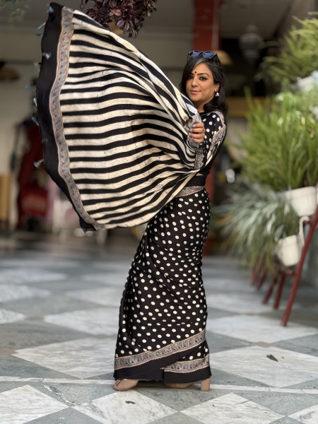 BLACK-WHITE MODAL SILK AJRAKH BLOCK PRINT SARI