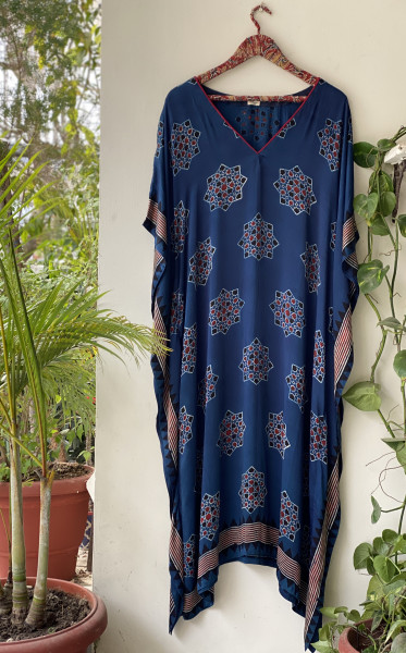 INDIGO AJRAKH HAND BLOCK MODAL SILK KAFTAN