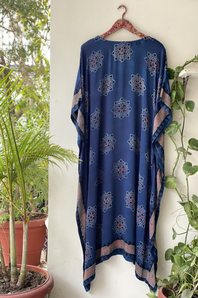 INDIGO AJRAKH HAND BLOCK MODAL SILK KAFTAN