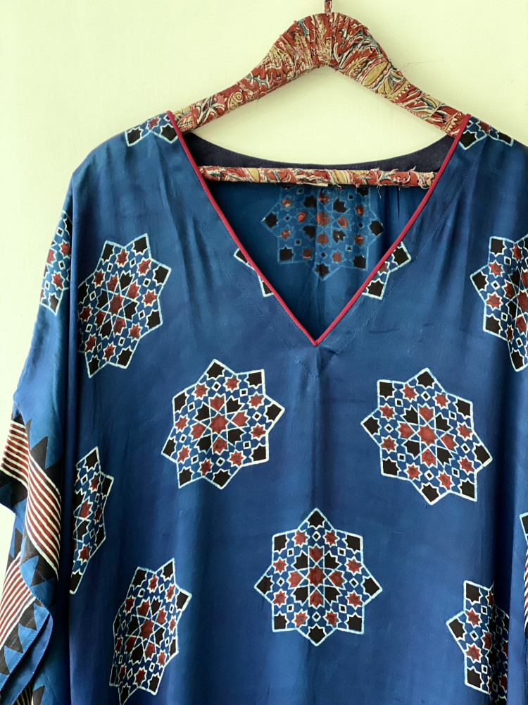 Image of INDIGO AJRAKH HAND BLOCK MODAL SILK KAFTAN