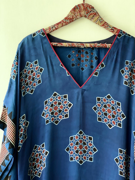 INDIGO AJRAKH HAND BLOCK MODAL SILK KAFTAN
