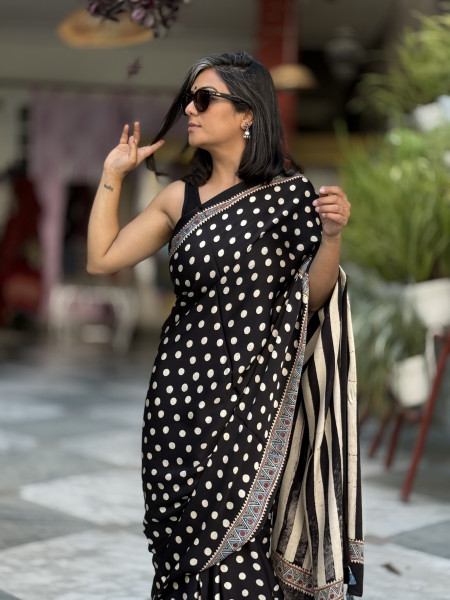 BLACK-WHITE MODAL SILK AJRAKH BLOCK PRINT SARI
