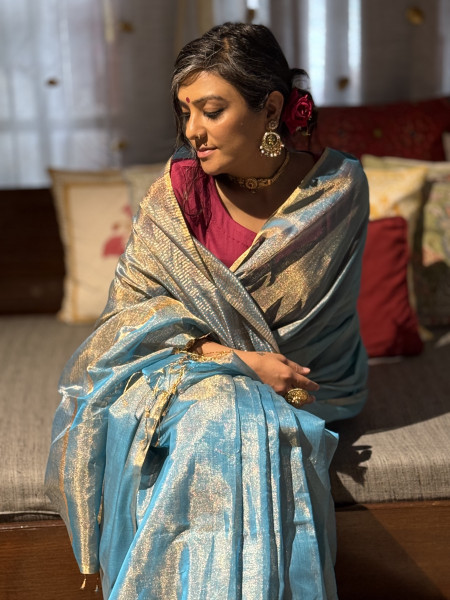 'SAMRIDDHI' SKY BLUE ZARI WOVEN MAHESHWARI SILK  SARI