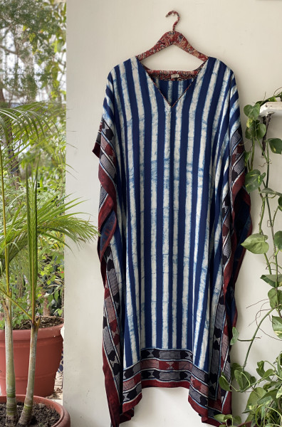 INDIGO AJRAKH HAND BLOCK MODAL SILK KAFTAN