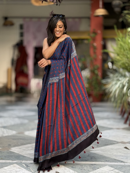 INDIGO-MAROON MODAL SILK AJRAKH BLOCK PRINT SARI