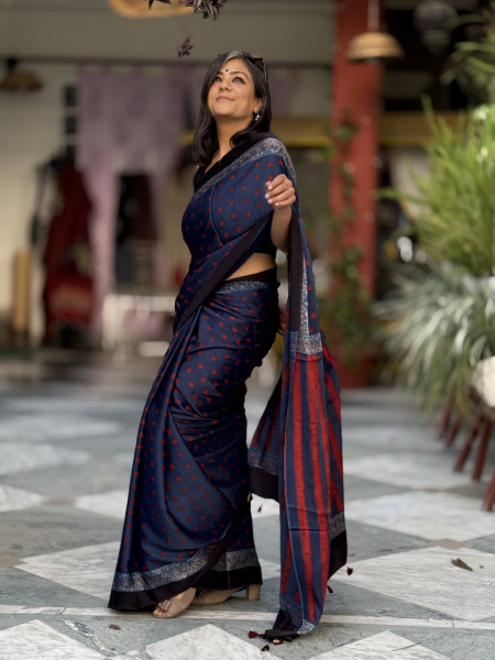 INDIGO-MAROON MODAL SILK AJRAKH BLOCK PRINT SARI