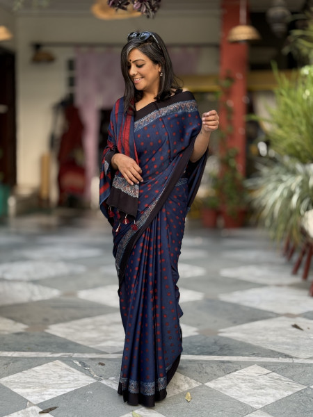 INDIGO-MAROON MODAL SILK AJRAKH BLOCK PRINT SARI