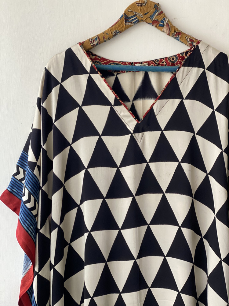 Image of BLACK &amp; WHITE AJRAKH HAND BLOCK MODAL SILK KAFTAN