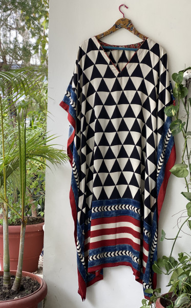 BLACK & WHITE AJRAKH HAND BLOCK MODAL SILK KAFTAN