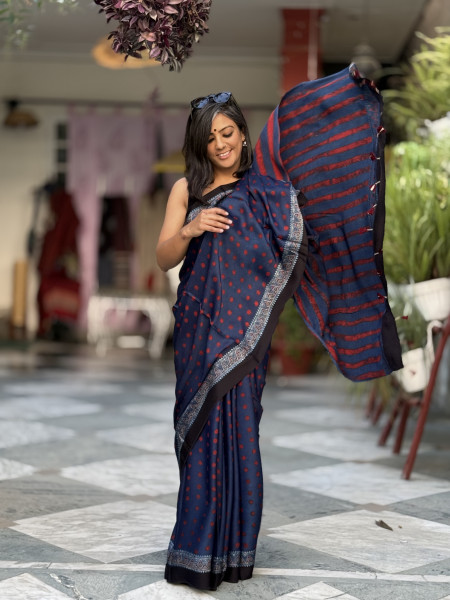 INDIGO-MAROON MODAL SILK AJRAKH BLOCK PRINT SARI