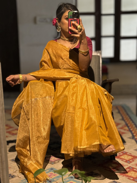 'SWARNA' YELLOW ZARI WOVEN MAHESHWARI SILK  SARI