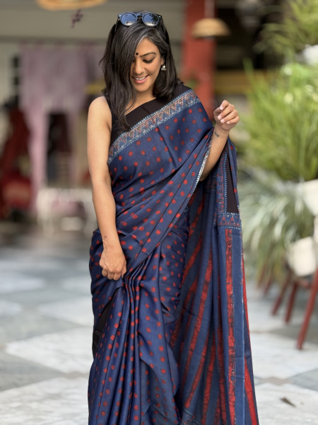 INDIGO-MAROON MODAL SILK AJRAKH BLOCK PRINT SARI