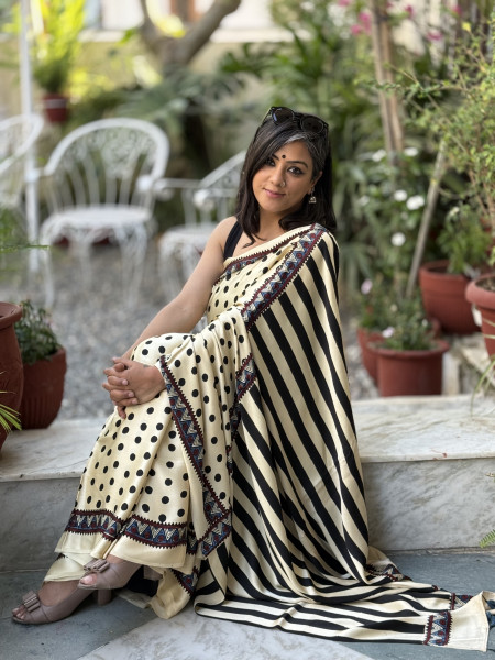 IVORY-BLACK MODAL SILK AJRAKH BLOCK PRINT SARI