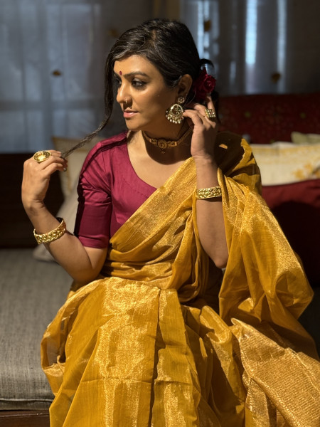 'SWARNA' YELLOW ZARI WOVEN MAHESHWARI SILK  SARI
