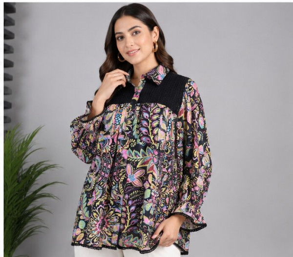 Black Printed Cotton Mul Shirt for Women