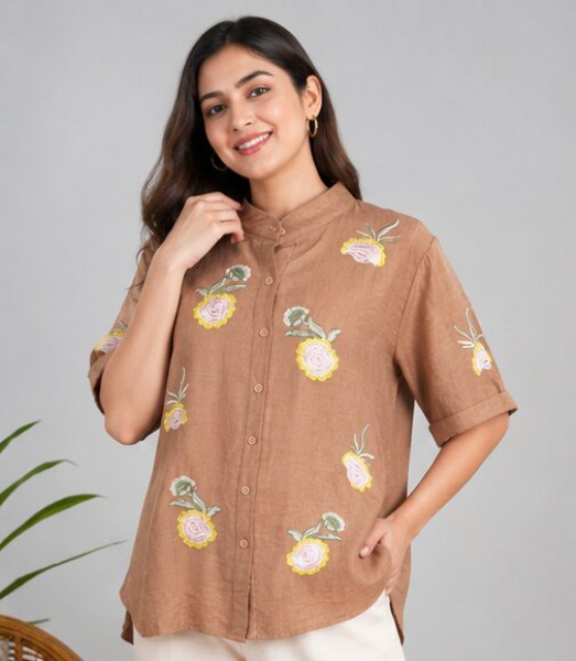 Mocha Brown Floral Embroidered Button-Down Tunic Top
