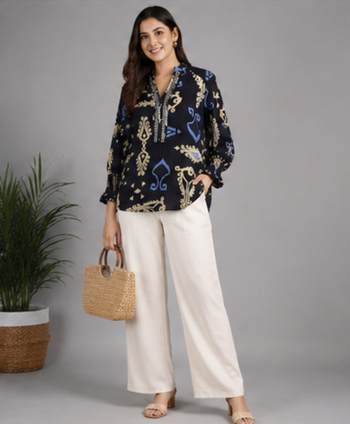 Image of Women’s Navy Printed Tunic Top | Brunch, Travel,  Smart  &amp; Evening Casual