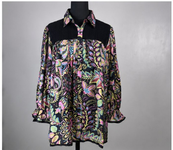 Black Printed Cotton Mul Shirt for Women