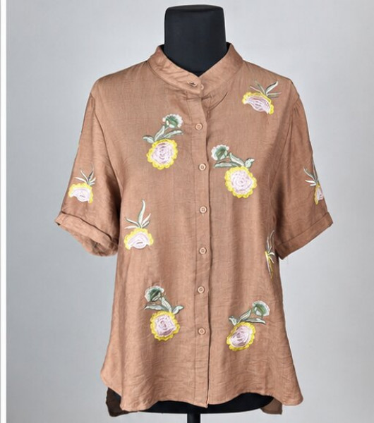 Mocha Brown Floral Embroidered Button-Down Tunic Top