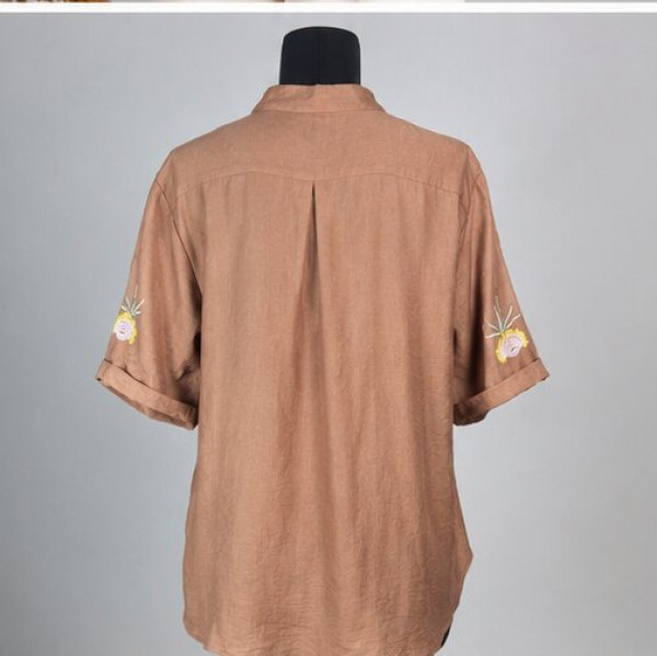 Mocha Brown Floral Embroidered Button-Down Tunic Top
