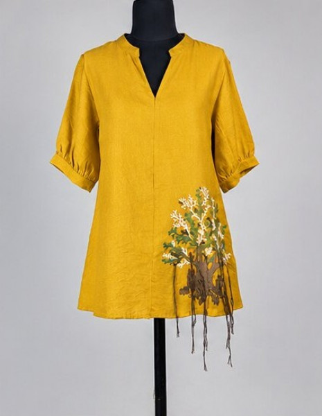 Mustard Linen Blend Embroidered Top | Everyday Casual Wearing