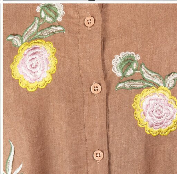 Mocha Brown Floral Embroidered Button-Down Tunic Top
