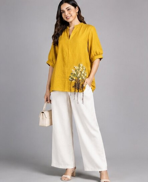 Image of Mustard Linen Blend Embroidered Top | Everyday Casual Wearing