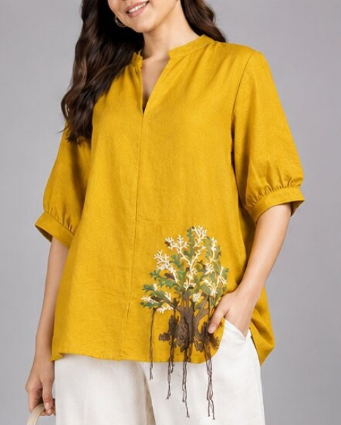 Mustard Linen Blend Embroidered Top | Everyday Casual Wearing