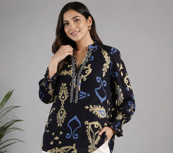 Women’s Navy Printed Tunic Top | Brunch, Travel,  Smart  & Evening Casual