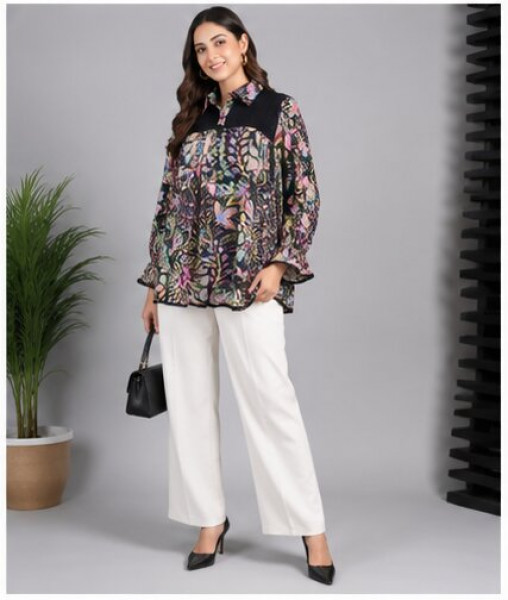 Image of Black Printed Cotton Mul Shirt for Women