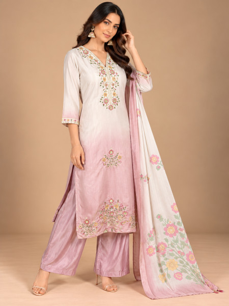 Ivory & Blush Pink Ombre Floral Embroidered Kurta Palazzo Set with Dupatta