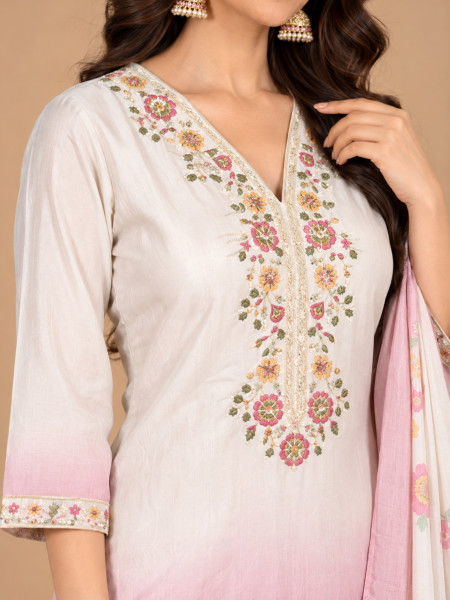 Ivory & Blush Pink Ombre Floral Embroidered Kurta Palazzo Set with Dupatta