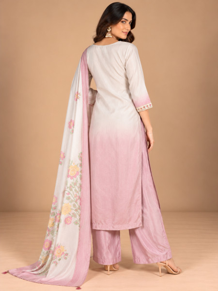 Ivory & Blush Pink Ombre Floral Embroidered Kurta Palazzo Set with Dupatta