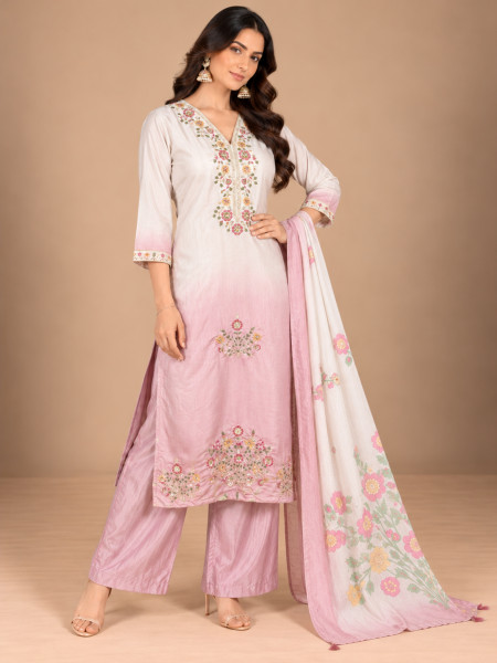 Image of Ivory &amp; Blush Pink Ombre Floral Embroidered Kurta Palazzo Set with Dupatta