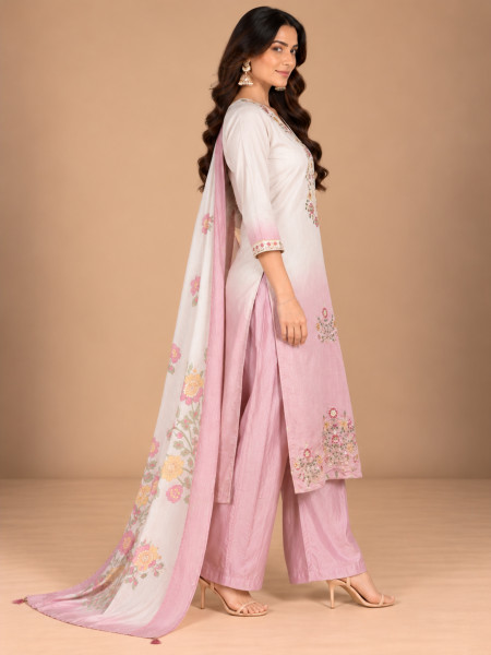Ivory & Blush Pink Ombre Floral Embroidered Kurta Palazzo Set with Dupatta