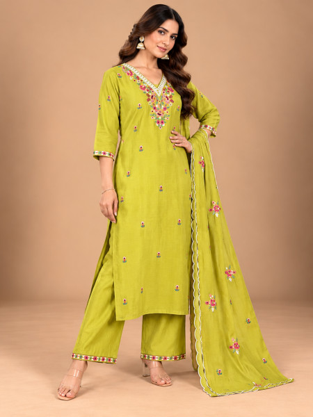 Lime Green Floral Embroidered Kurta Palazzo Set with Dupatta