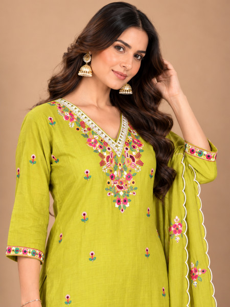 Lime Green Floral Embroidered Kurta Palazzo Set with Dupatta