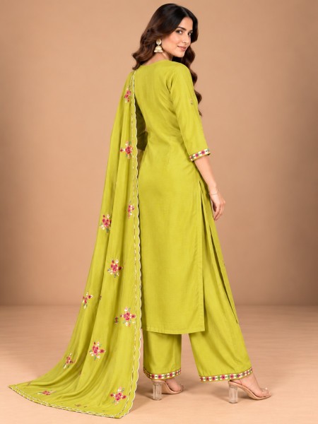 Lime Green Floral Embroidered Kurta Palazzo Set with Dupatta