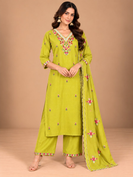 Image of Lime Green Floral Embroidered Kurta Palazzo Set with Dupatta
