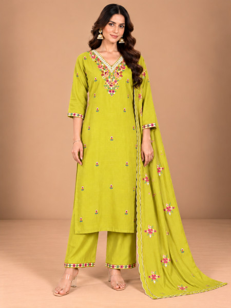 Lime Green Floral Embroidered Kurta Palazzo Set with Dupatta