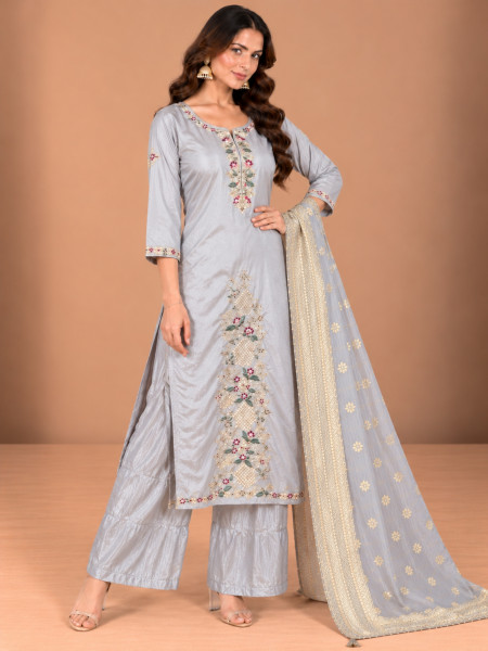 Silver Grey Floral Embroidered Kurta Palazzo Set with Dupatta