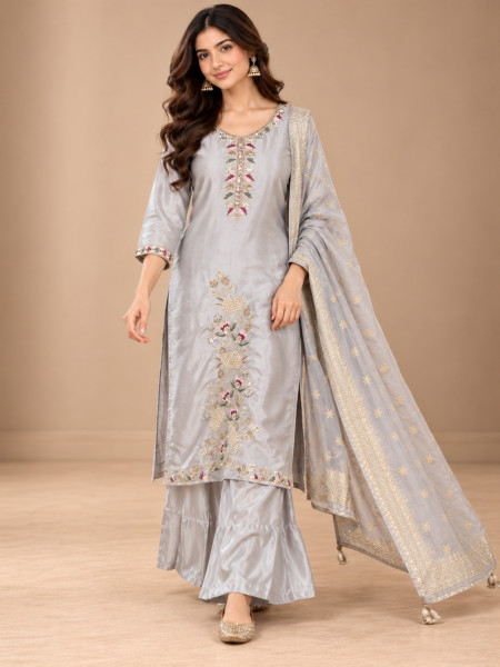 Silver Grey Floral Embroidered Kurta Palazzo Set with Dupatta