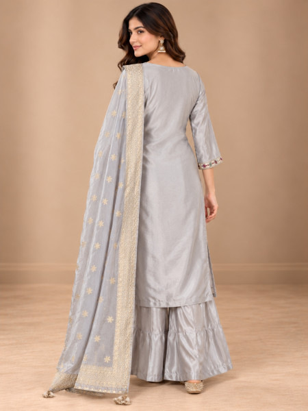 Silver Grey Floral Embroidered Kurta Palazzo Set with Dupatta