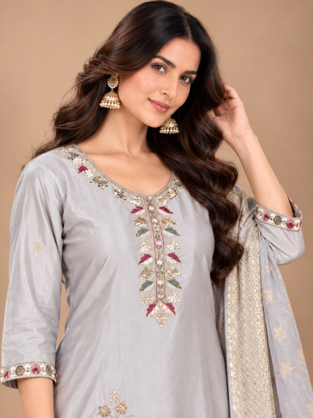 Silver Grey Floral Embroidered Kurta Palazzo Set with Dupatta