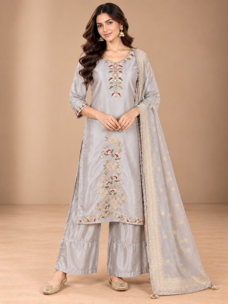 Image of Silver Grey Floral Embroidered Kurta Palazzo Set with Dupatta