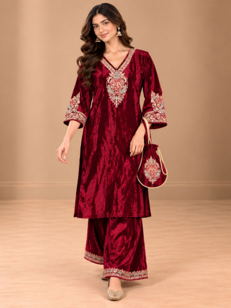 Image of Ruby Maroon Crushed Velvet-Style Embroidered Kurta Palazzo Set