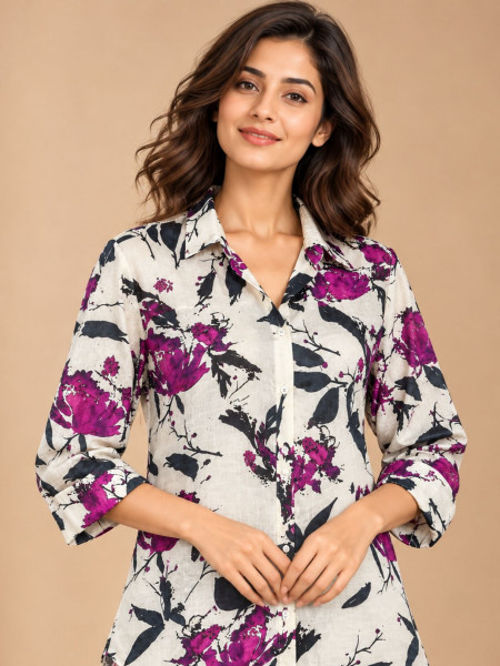 Ivory & Magenta Floral Printed Mid-Length Shirt