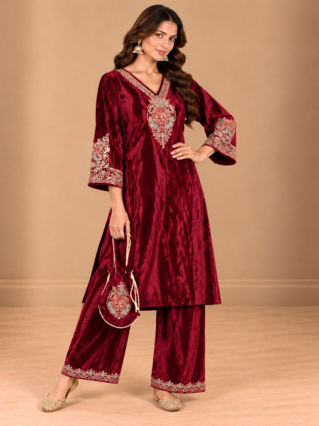 Ruby Maroon Crushed Velvet-Style Embroidered Kurta Palazzo Set